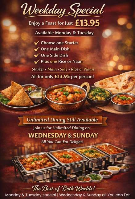 Colchester Spice Indian restaurant weekday set menu £13.95 and unlimited dining Wednesday Sunday
